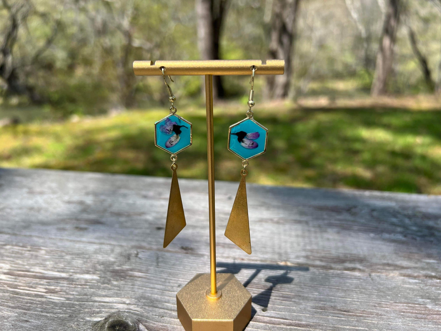 Honeycomb Teal Redbud Earrings